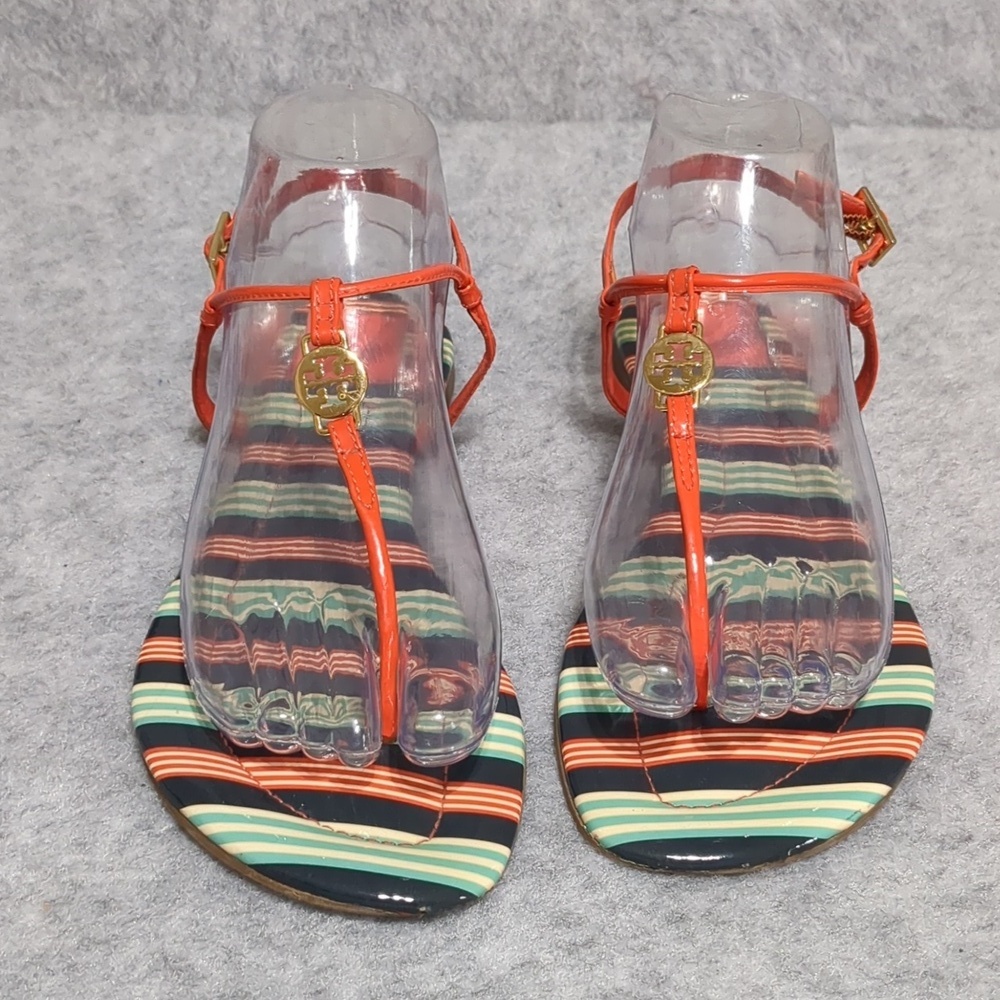 Tory Burch Harbanero Pepper Bauer Stripe Emmy Patent Leather T-Strap Flat Sandal - Picture 2 of 11